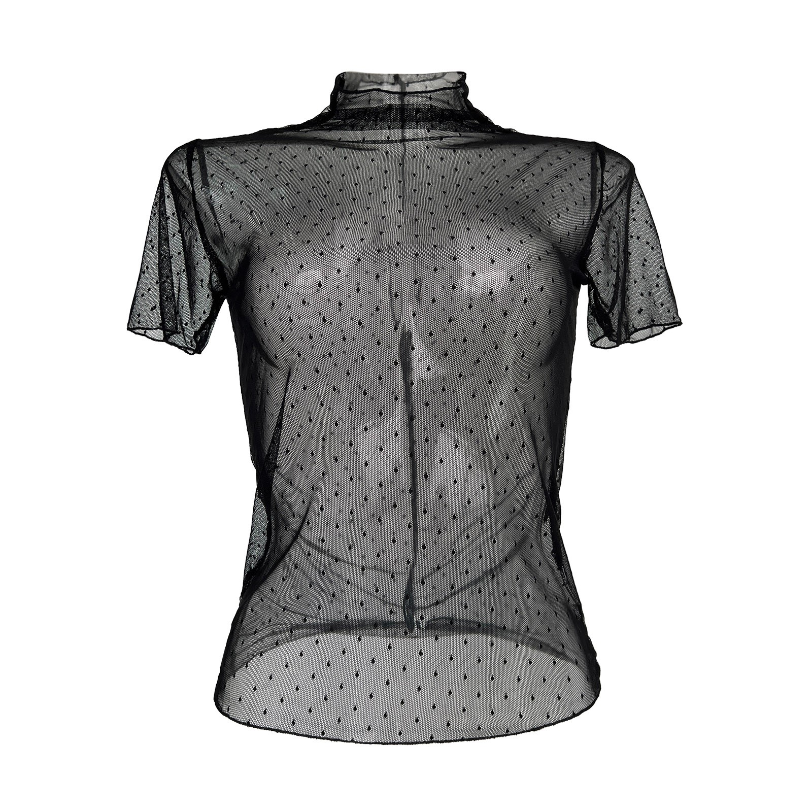 thumbnail image 4 of Top de manga corta de malla para mujer - Blusa transparente con cuello alto y bordado de lunares - Camiseta versátil informal/de fiesta - Tallas S-XL, 4 of 5